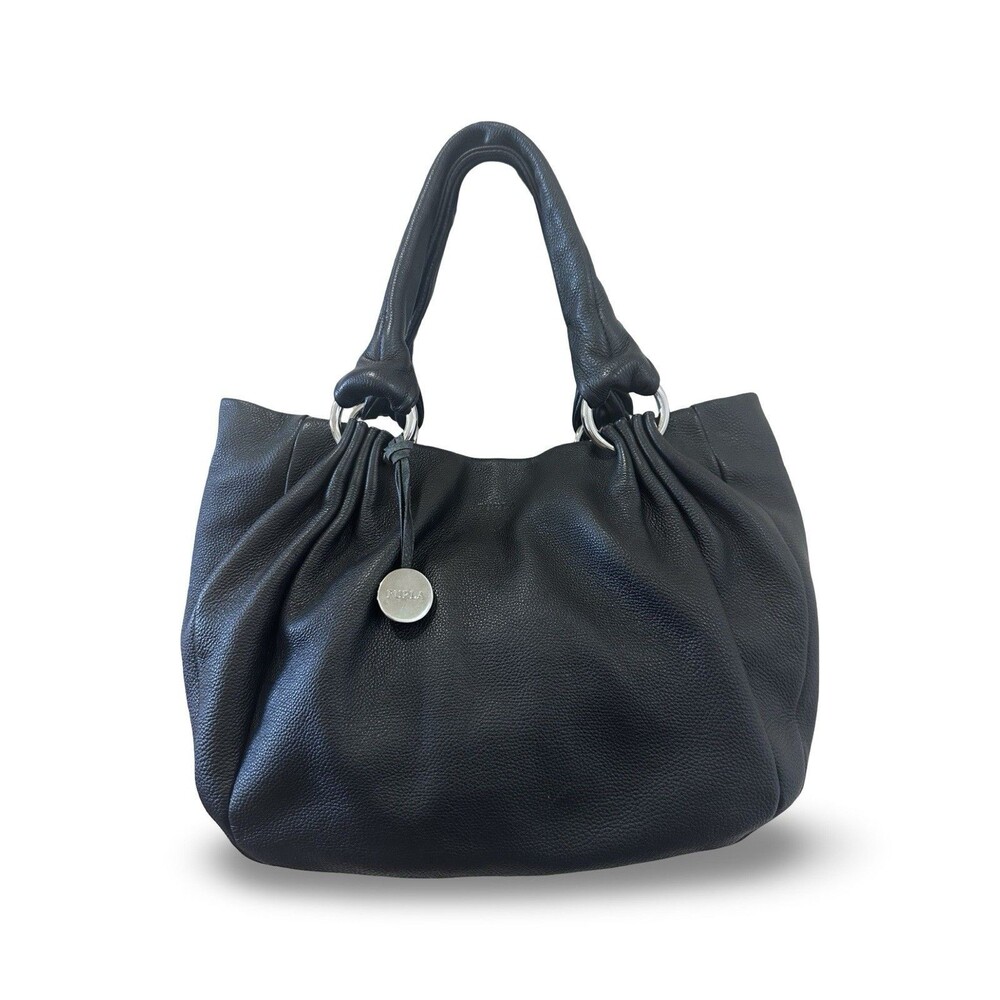 Furla leather hobo slouchy tote bag gathered design silver hardware.